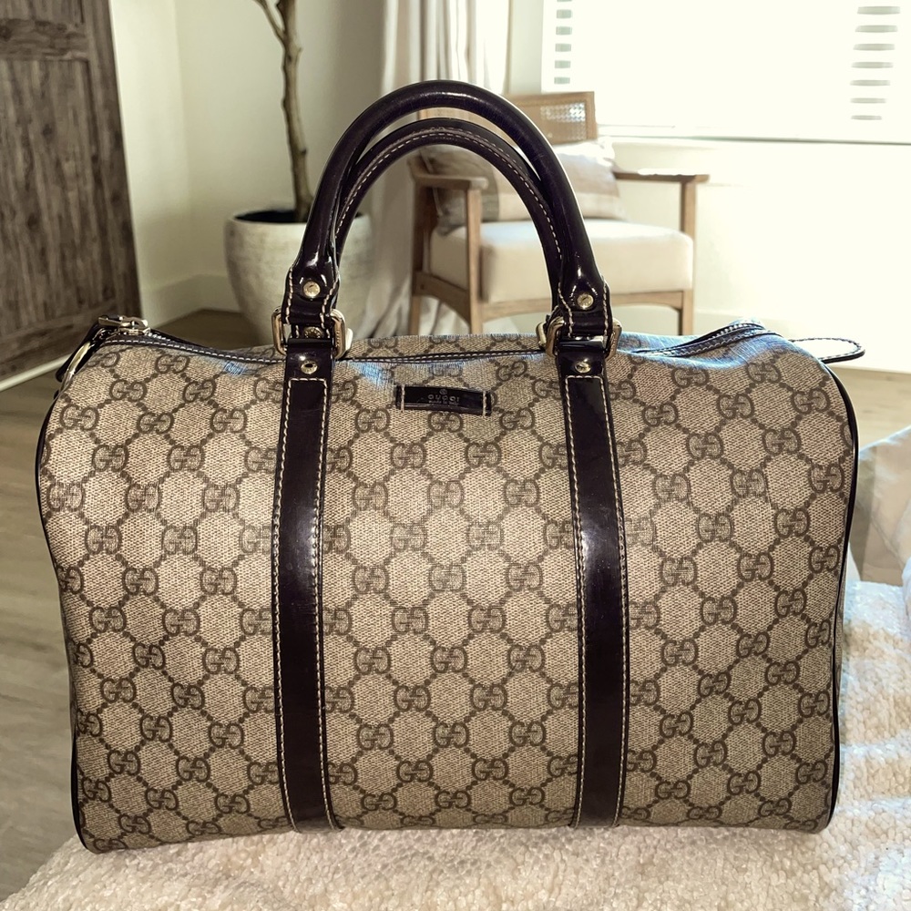 Vintage GUCCI Boston Bag in beige canvas and brown leather